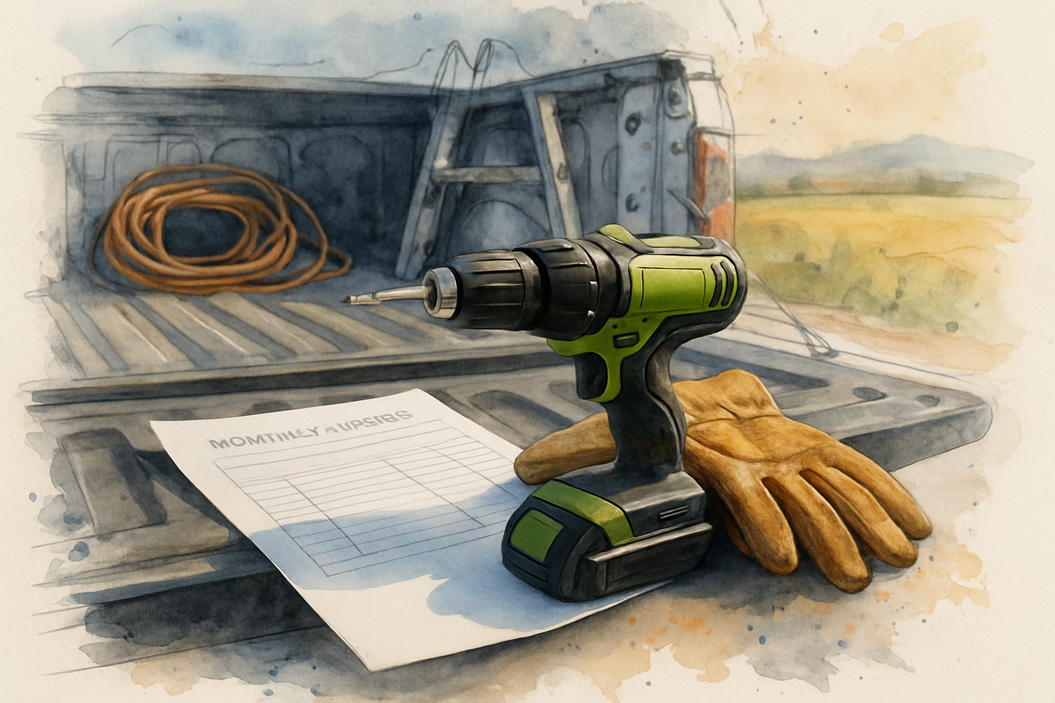 Advertising invoice on a contractor work truck tailgate next to a drill and work gloves