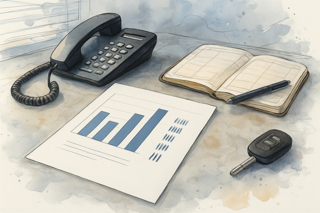 Contractor's desk with a one-page marketing report, desk phone off the hook, and a half-empty job schedule notebook