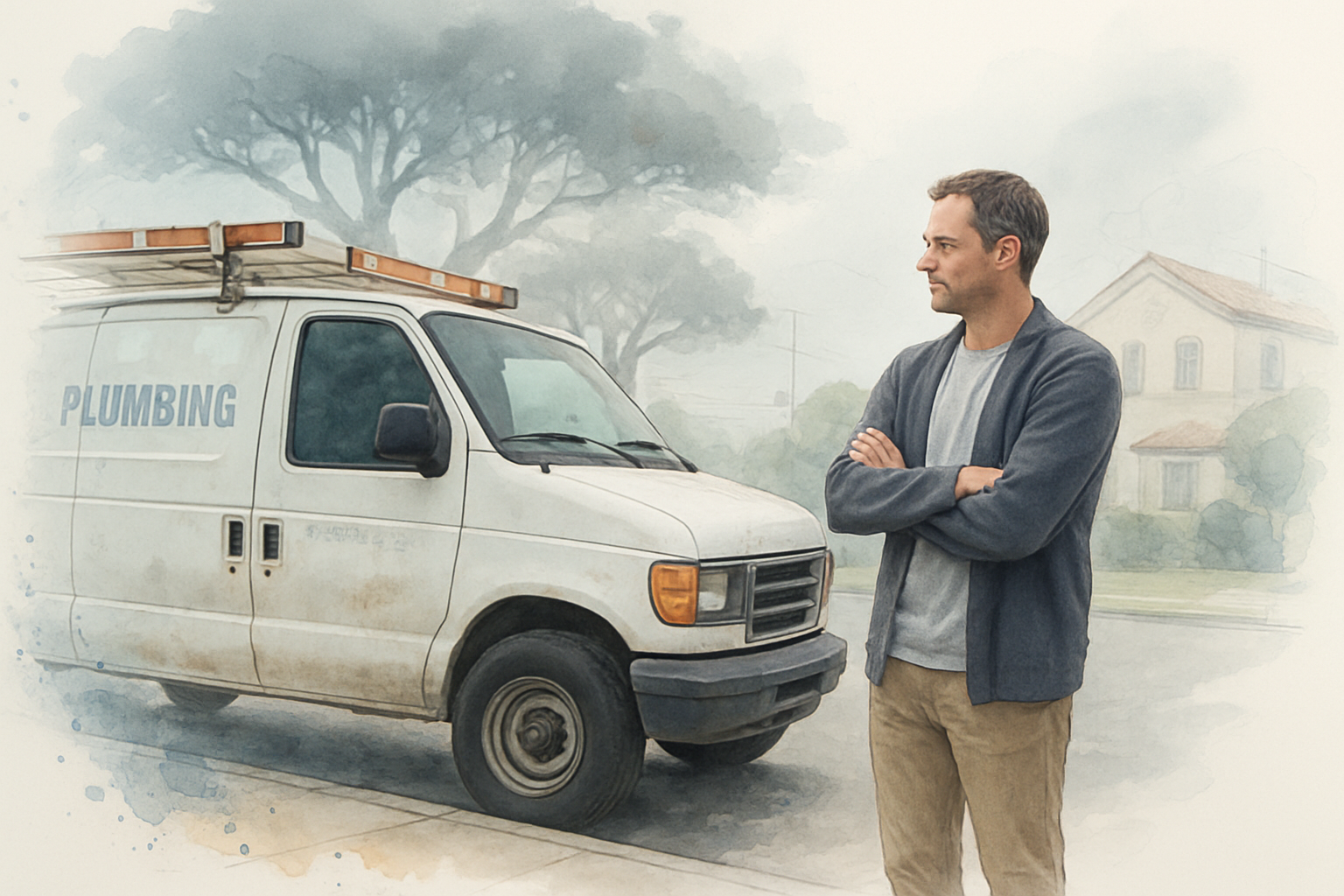 Homeowner looking at a service van with faded, peeling door lettering on a foggy coastal street
