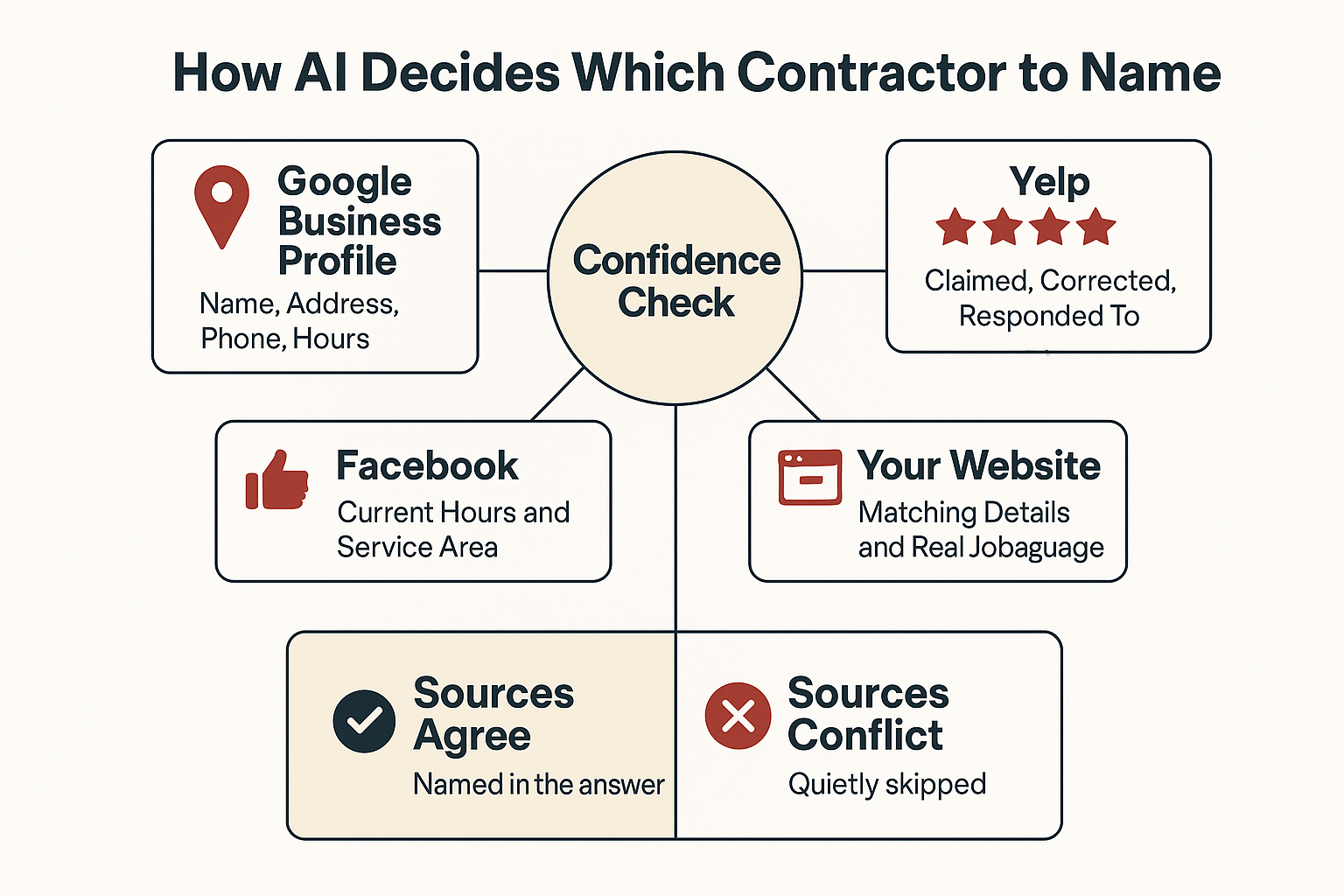 Infographic showing how AI checks Google, Yelp, Facebook and a before naming a business