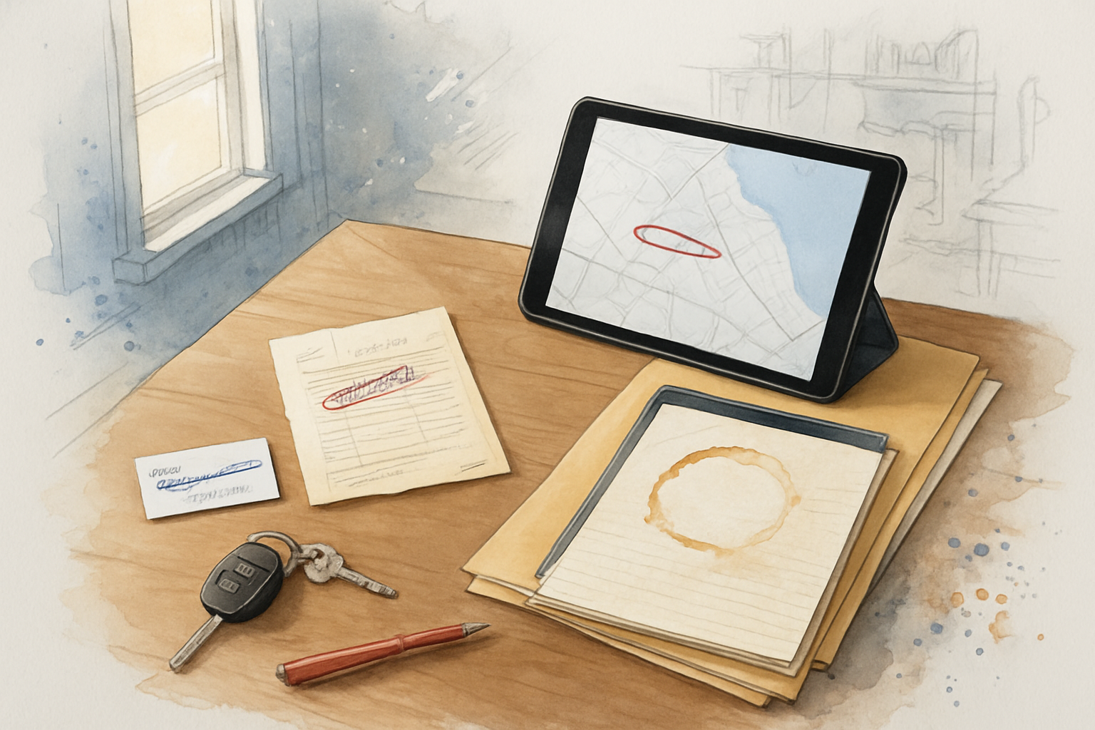 Overhead view of a contractor's desk with an old business card, outdated invoice and tablet showing a map