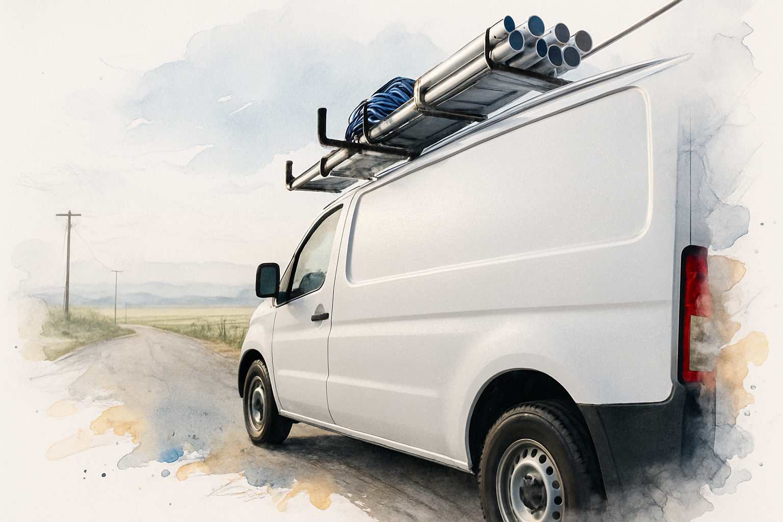 Side panel of a contractor work van parked on a residential street with farm fields in the fog behind it