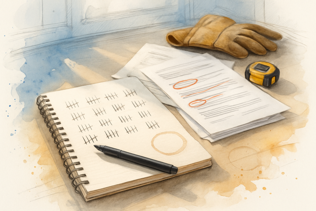 Contractor's desk with printed form submissions marked in red pen and hand-drawn tally columns in a notebook