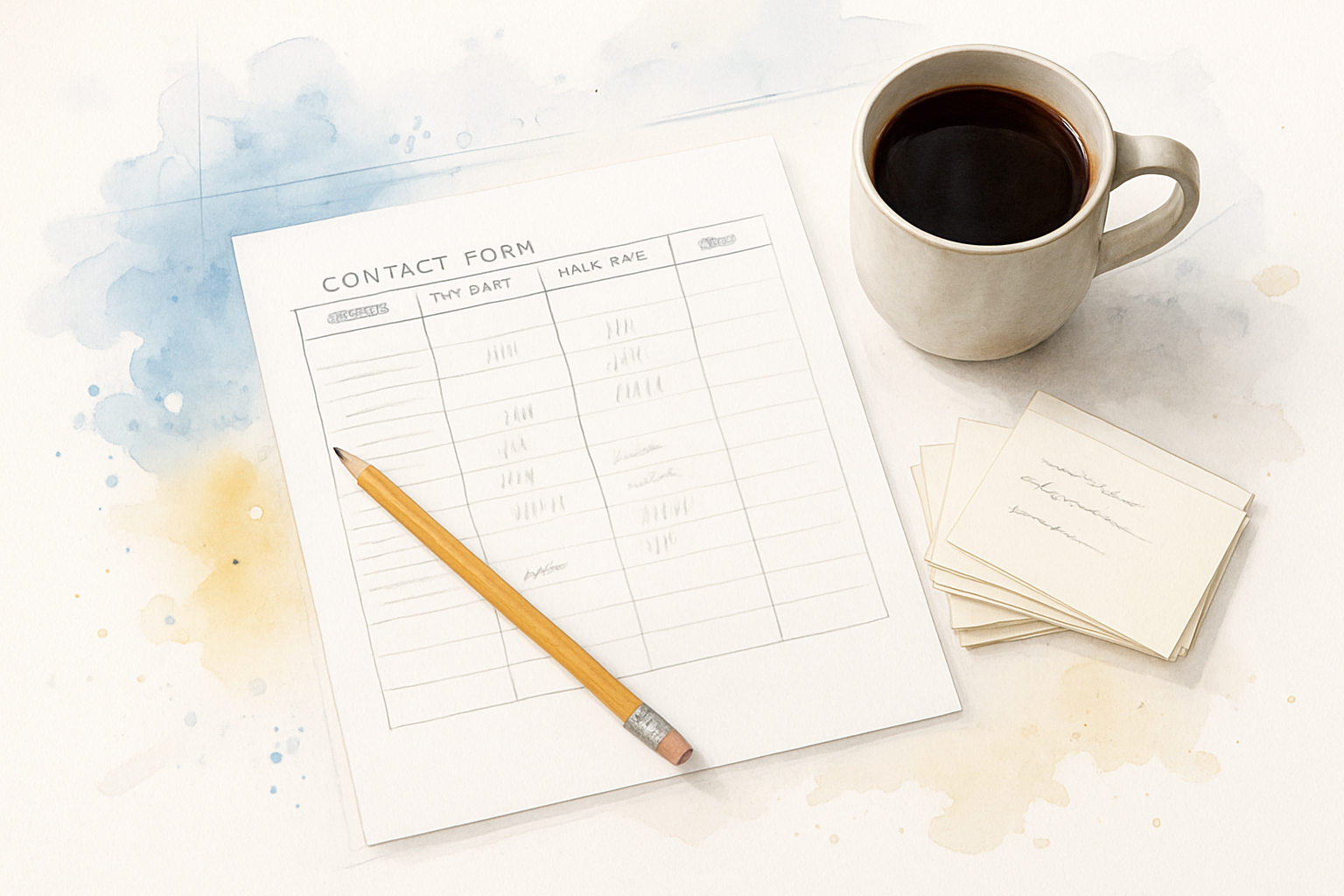 Hand-marked four column sorting sheet with tally marks and index cards on a wooden table