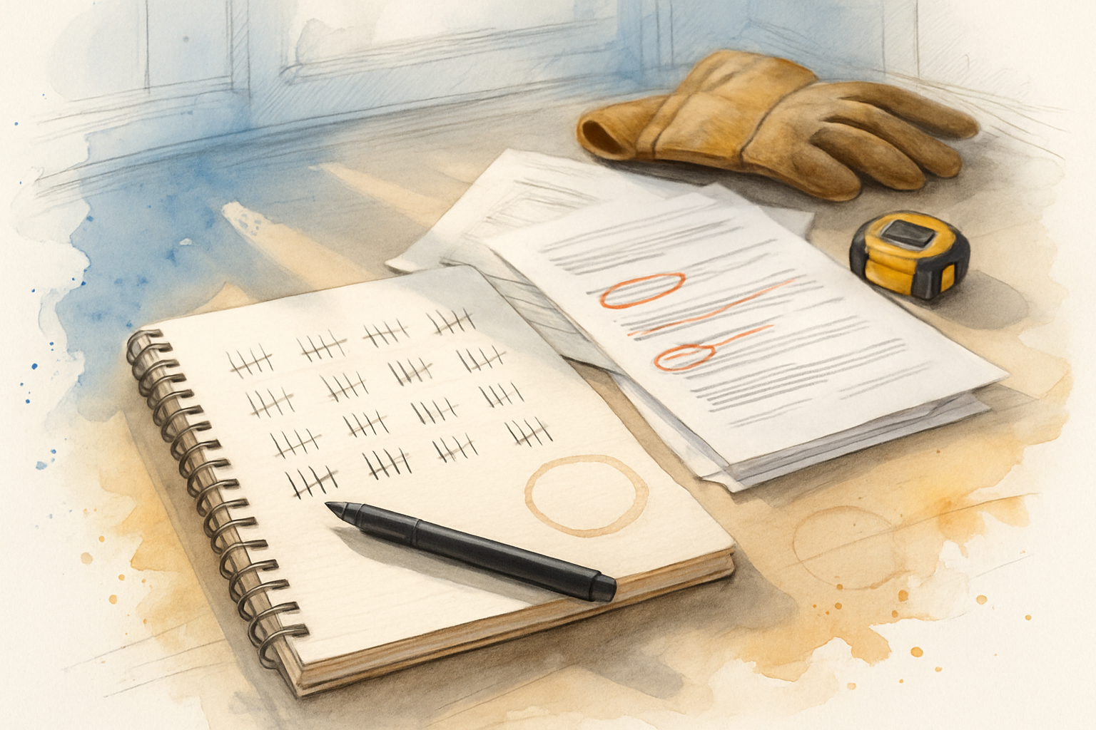 Contractor's desk with printed form submissions marked in red pen and hand-drawn tally columns in a notebook
