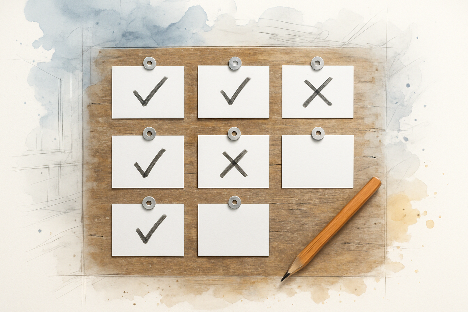 Grid of nine index cards on a workbench marked with checkmarks and X marks, used as a manual test log