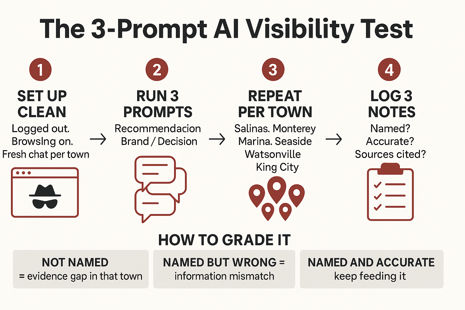 Infographic outlining a four-step test to check if ChatGPT recommends your contracting business by town