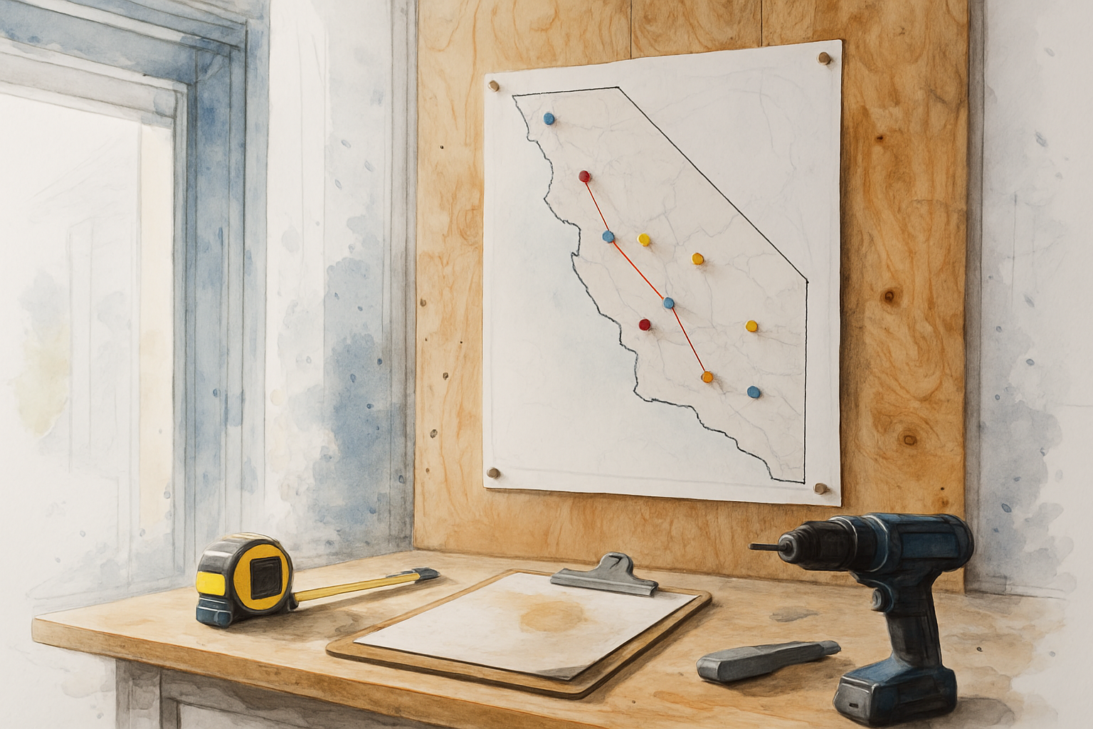 Pushpin map of a coastal county on a contractor workshop wall showing nine service towns marked with string