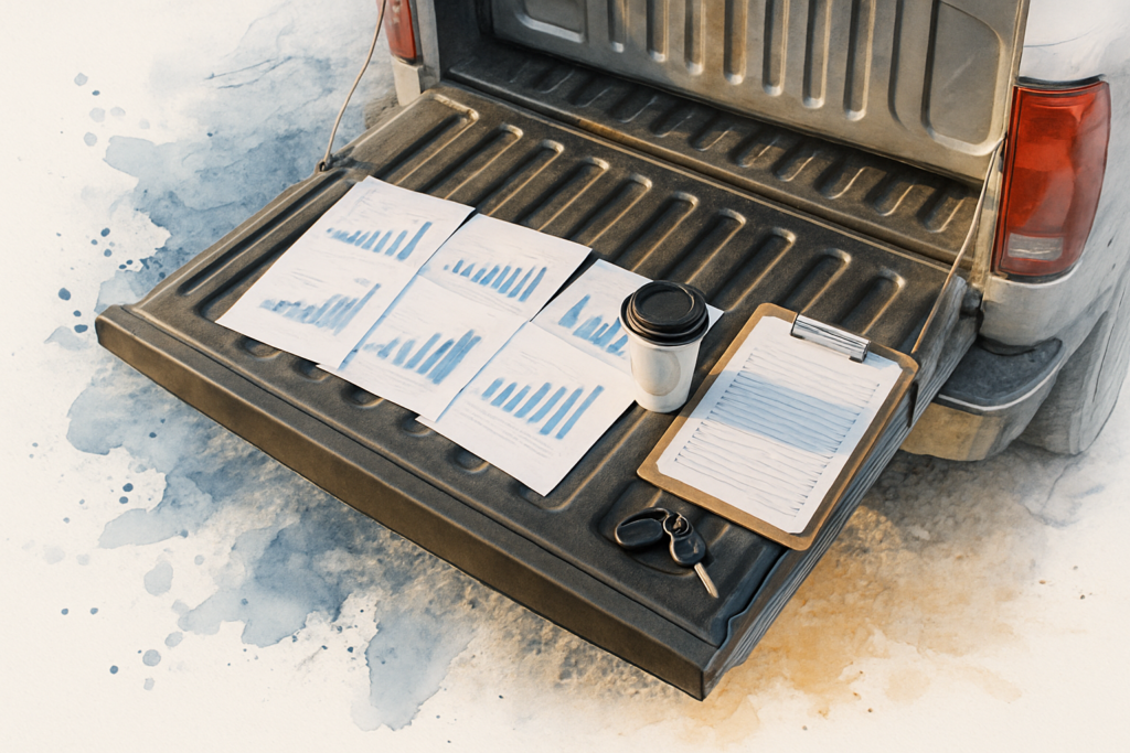 Six months of printed marketing reports fanned across a contractor's truck tailgate with a clipboard and keys
