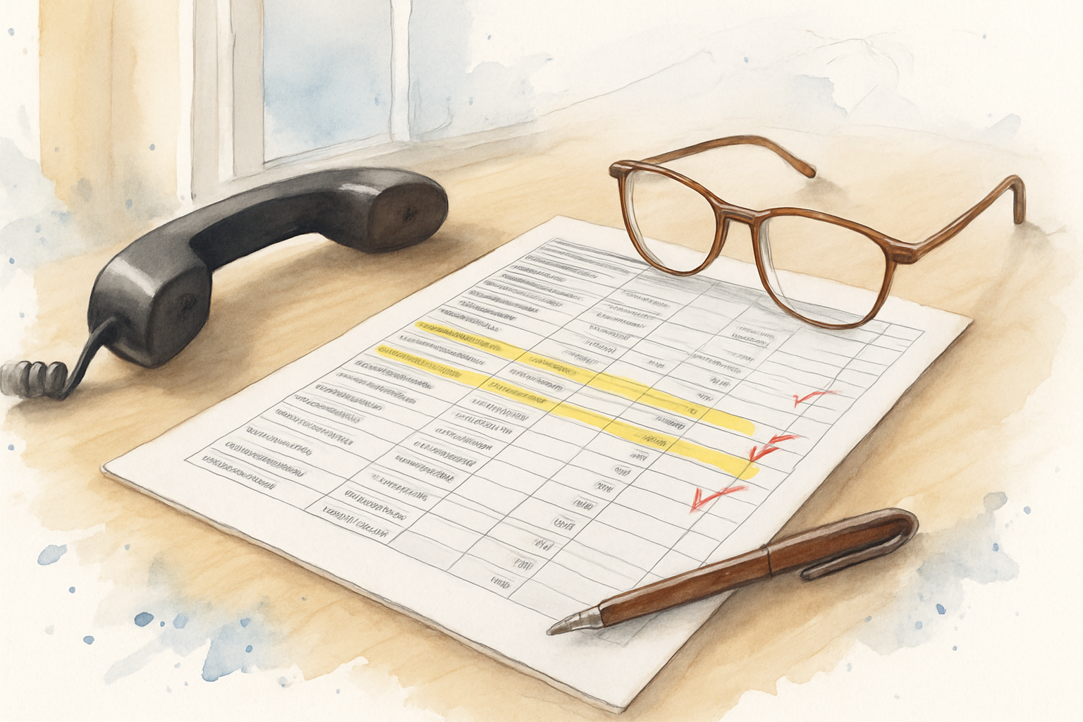 Marked-up printed directory listing audit on a table with highlighter, pen corrections, and reading glasses