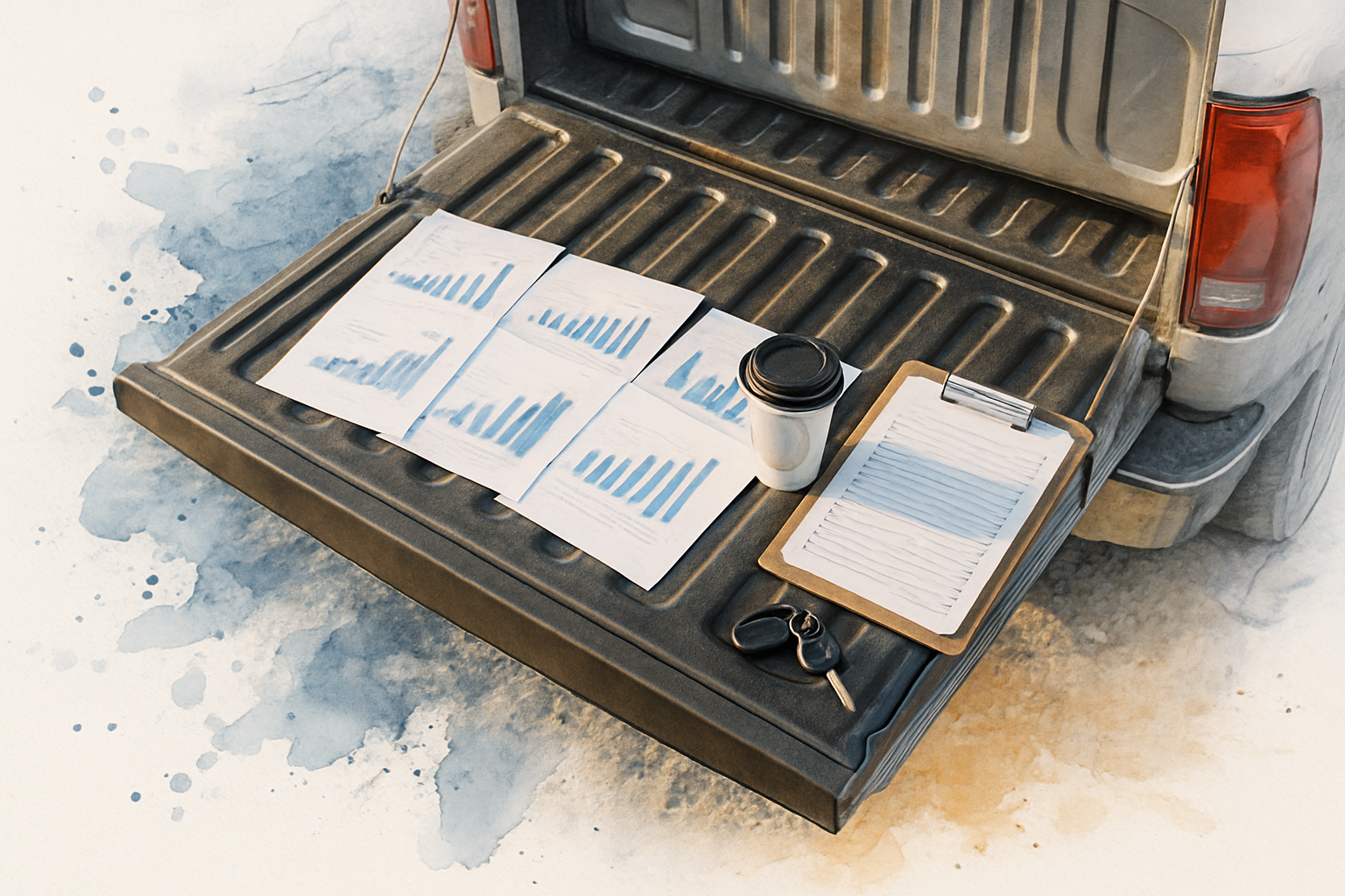 Six months of printed marketing reports fanned across a contractor's truck tailgate with a clipboard and keys