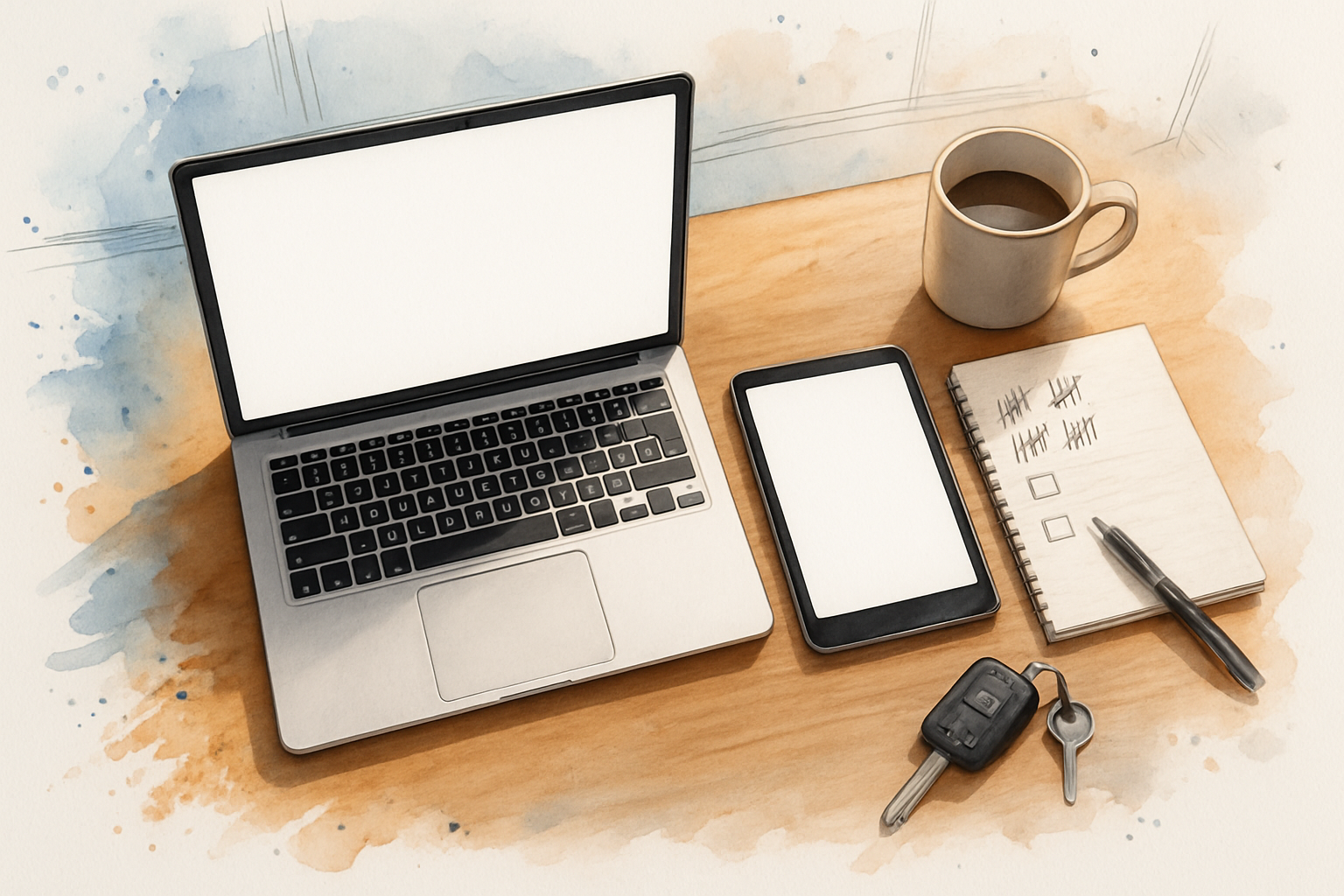 Three devices lined up on a contractor's desk for checking across accounts