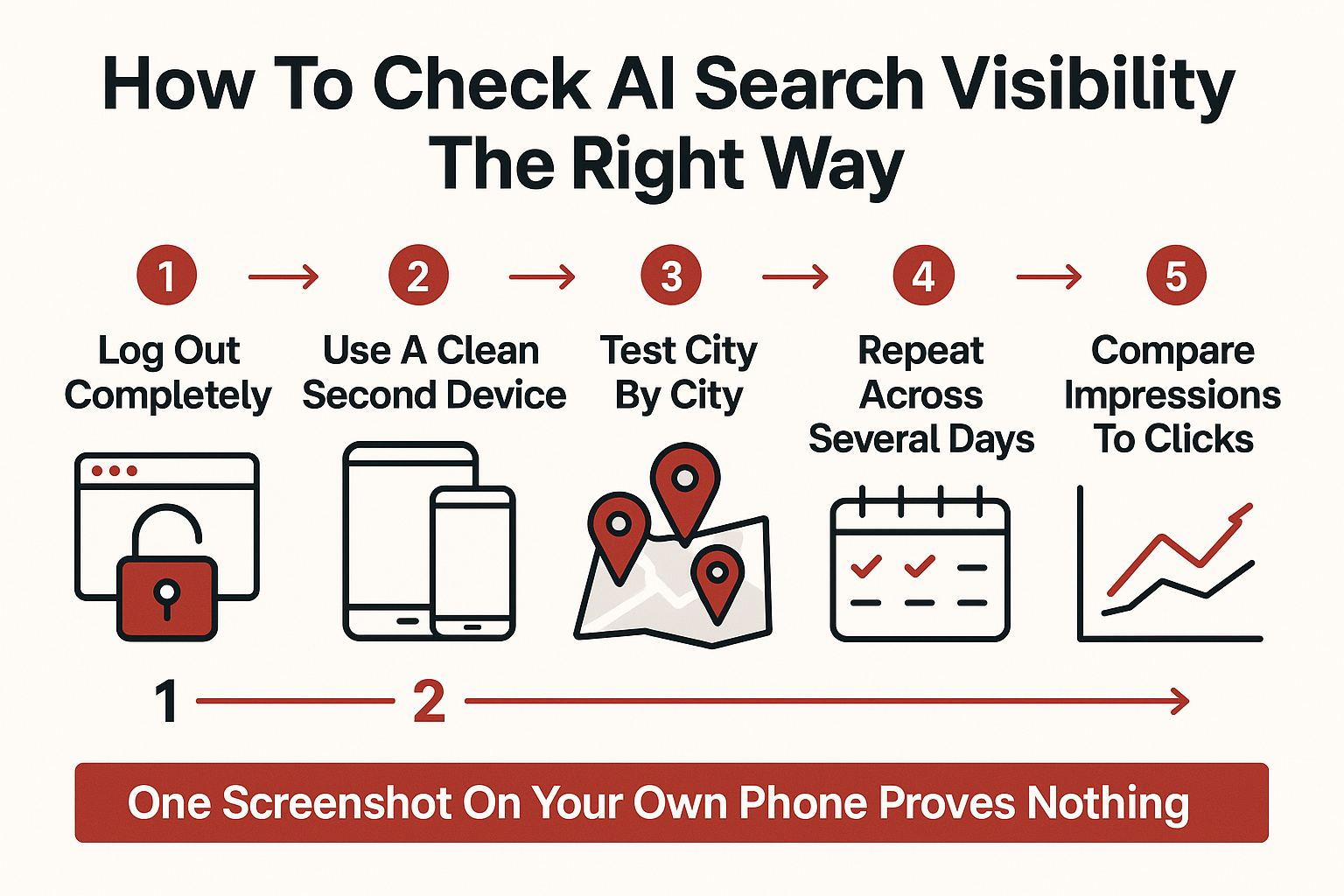 Infographic showing five steps for checking contractor visibility in AI search results