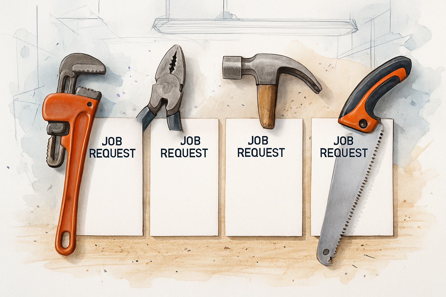 Four identical blank job request slips on a workbench, each pinned under a different trade's tool