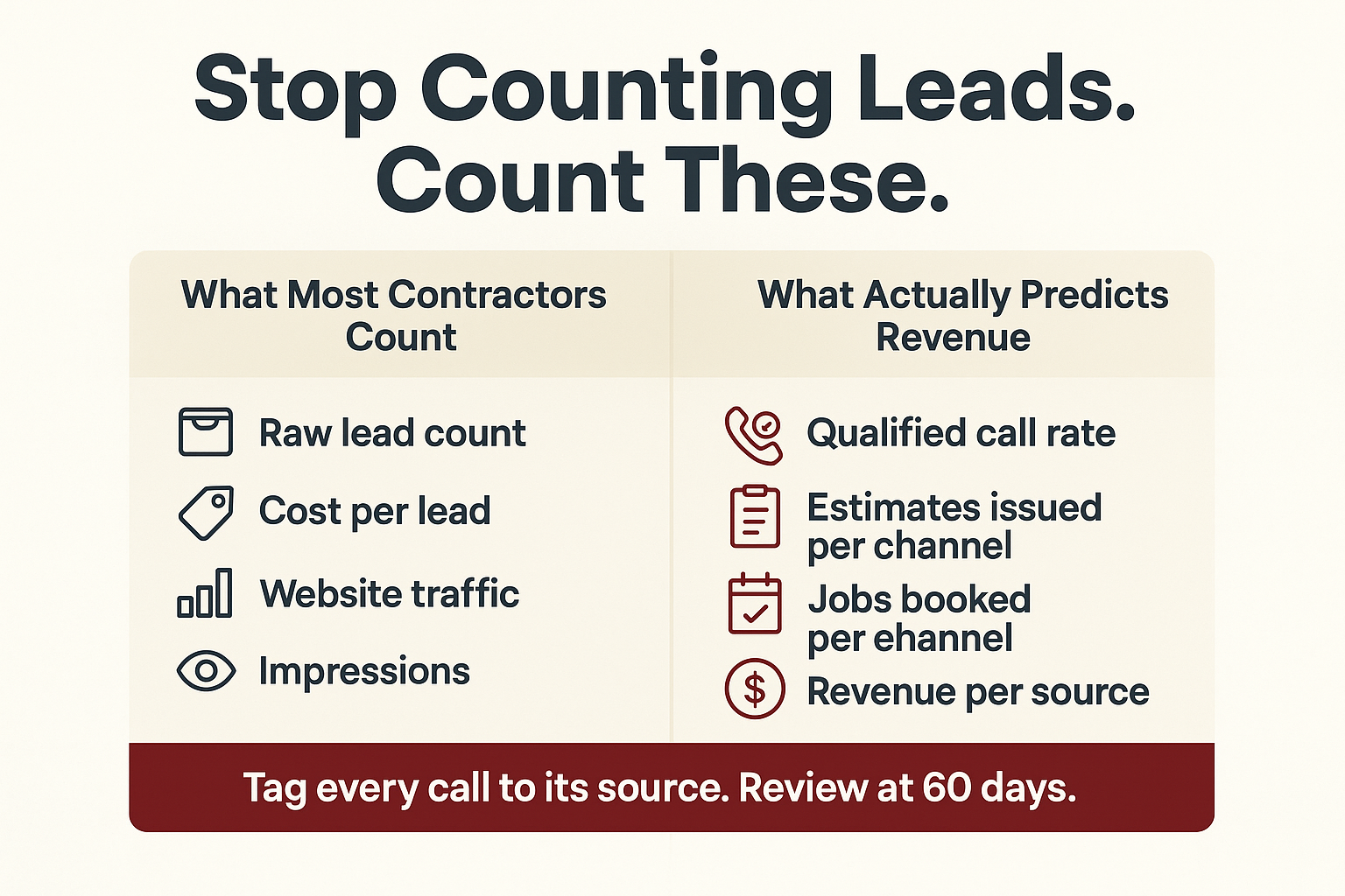 Infographic comparing vanity lead metrics with qualified call rate, estimates, and jobs booked per channel