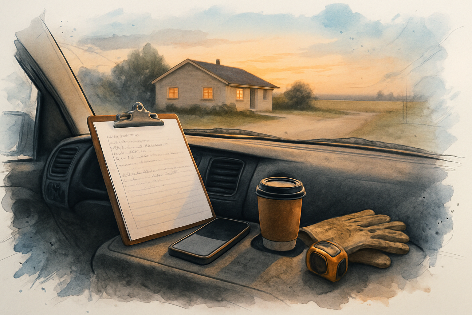 Contractor truck dashboard with job notes and phone parked outside a home at dusk in a farming neighborhood