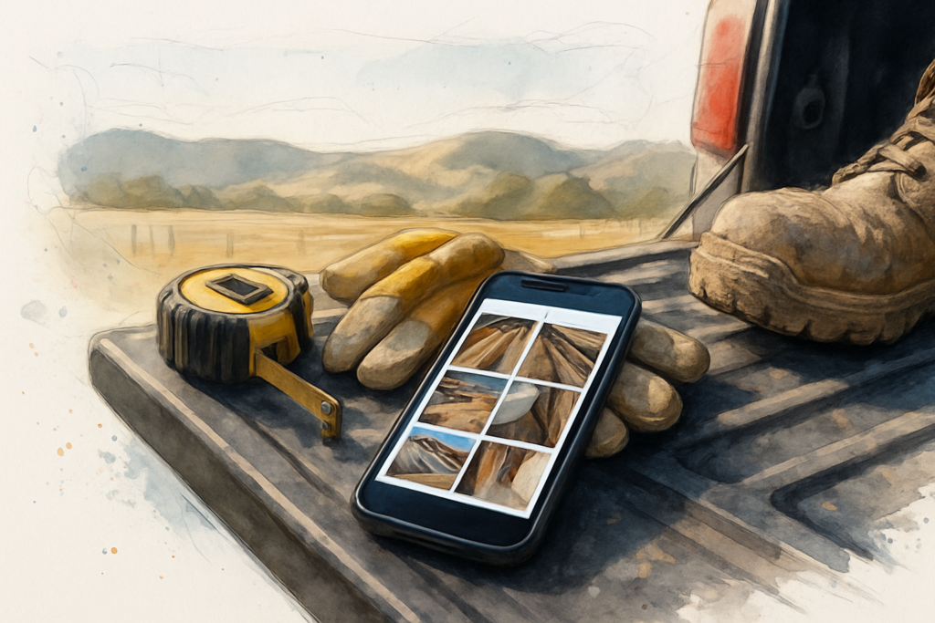 Contractor's phone on a truck tailgate showing a grid of jobsite photos beside work gloves and a tape measure