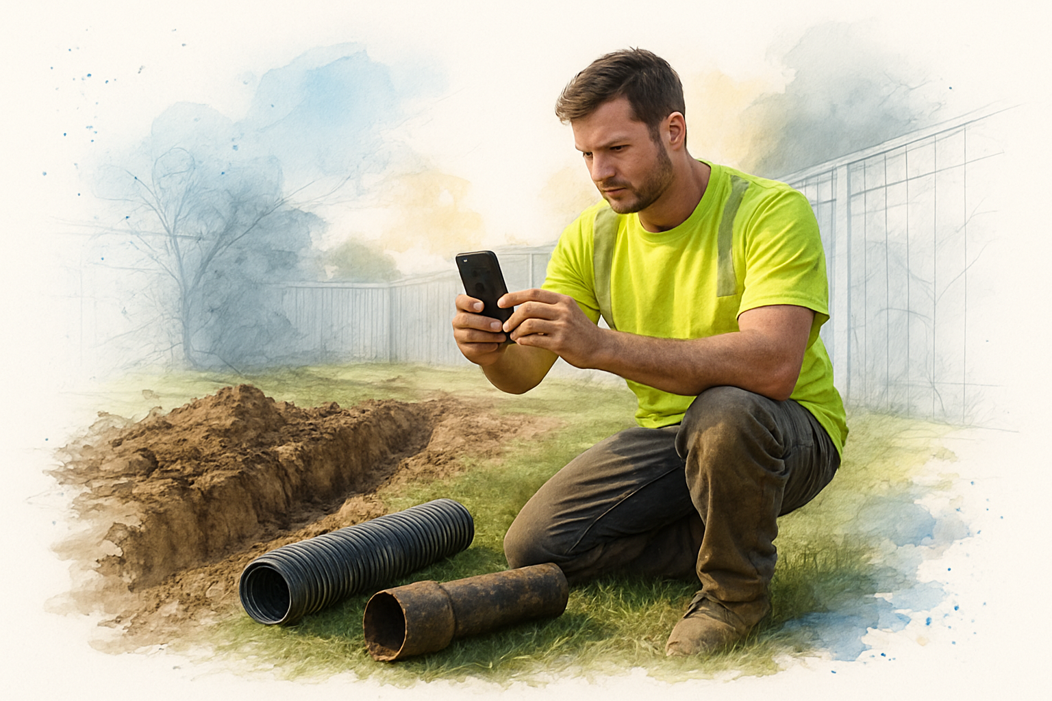 Contractor photographing a cracked drain pipe in a trench next to a new corrugated replacement pipe