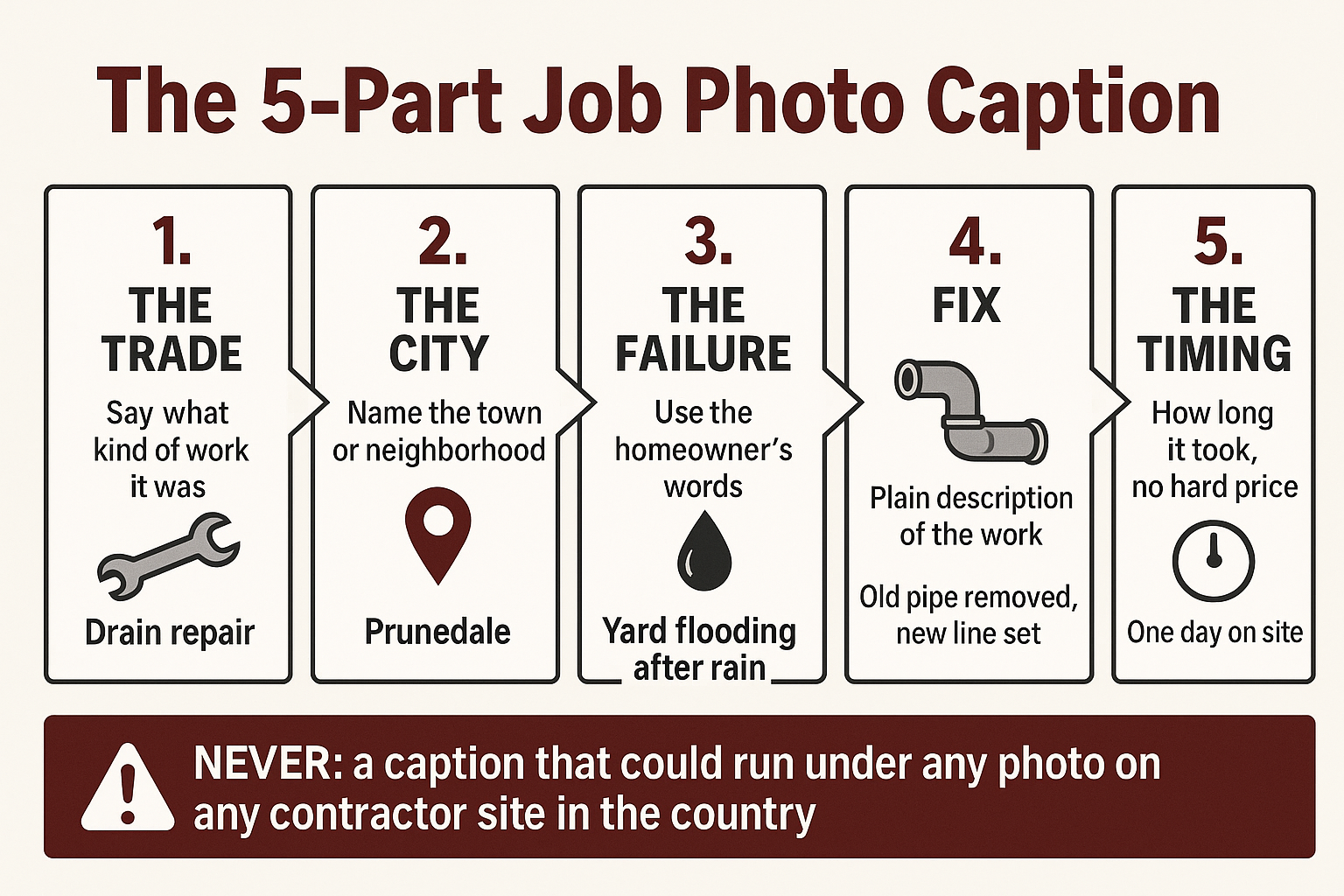Infographic showing the five parts of a job photo caption: trade, city, failure, fix, and timing