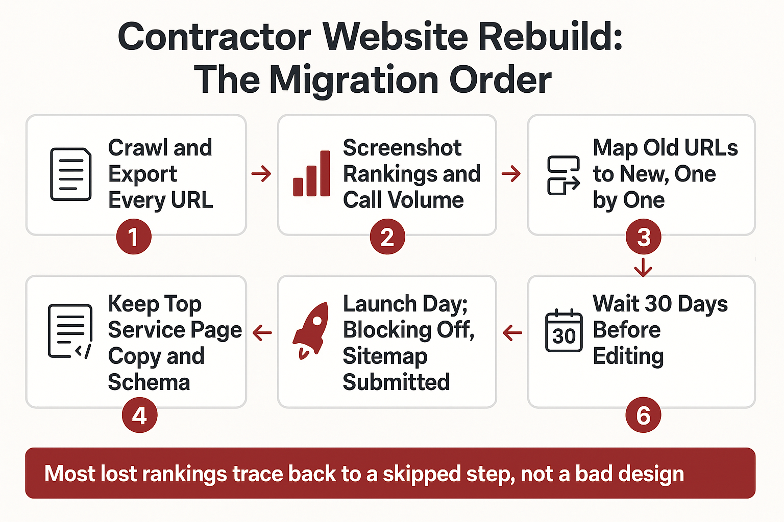 Infographic showing the six-step order for a rebuild and migration