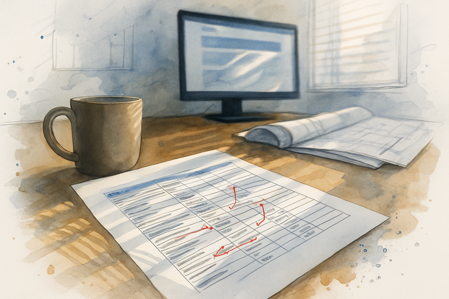 Printed page mapping sheet marked with red pen on a contractor's desk before a website redesign