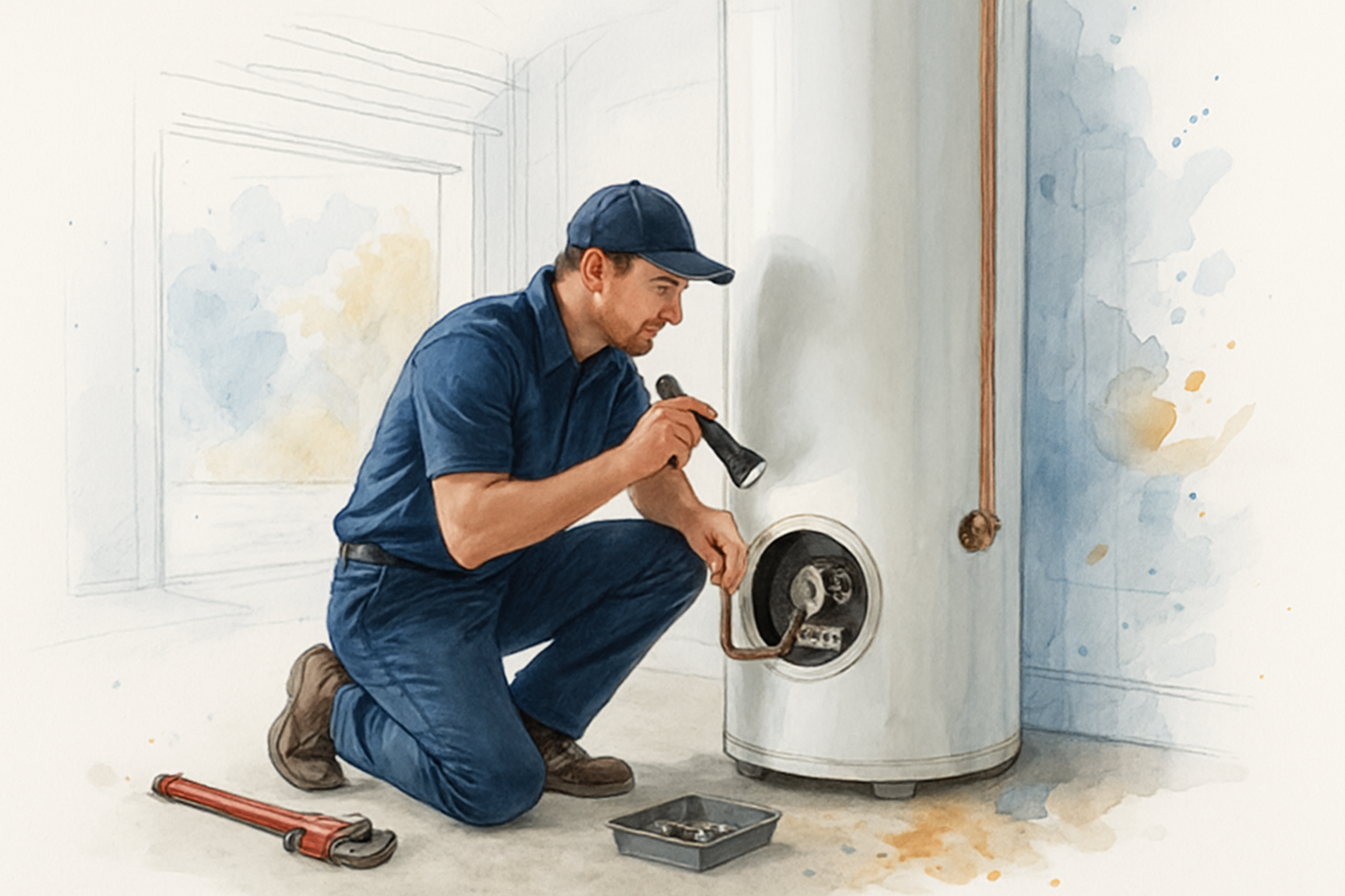 Technician inspecting a residential water heater burner panel in a garage with a flashlight
