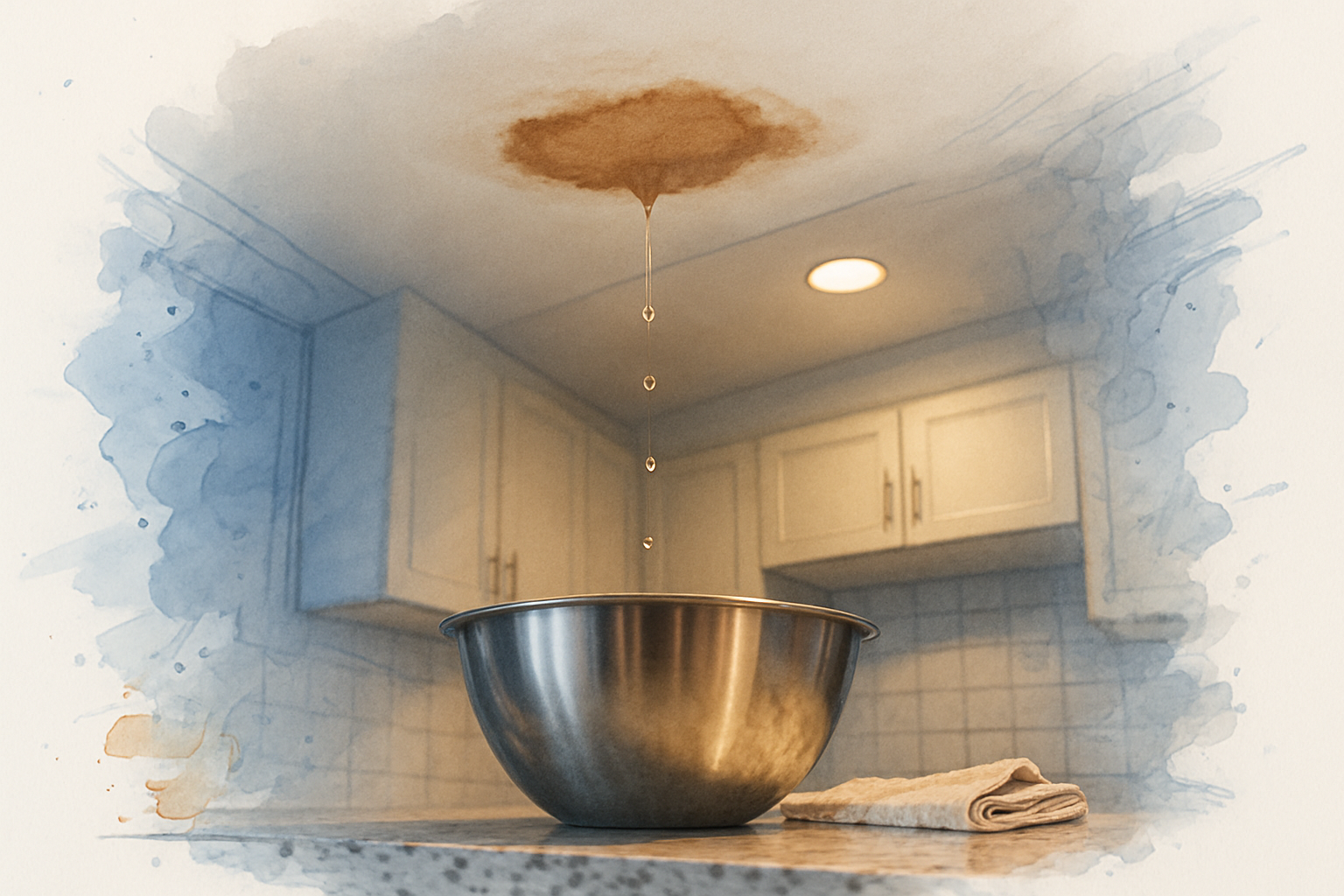 Water dripping from a stained kitchen ceiling into a bowl, the kind of problem homeowners search before calling
