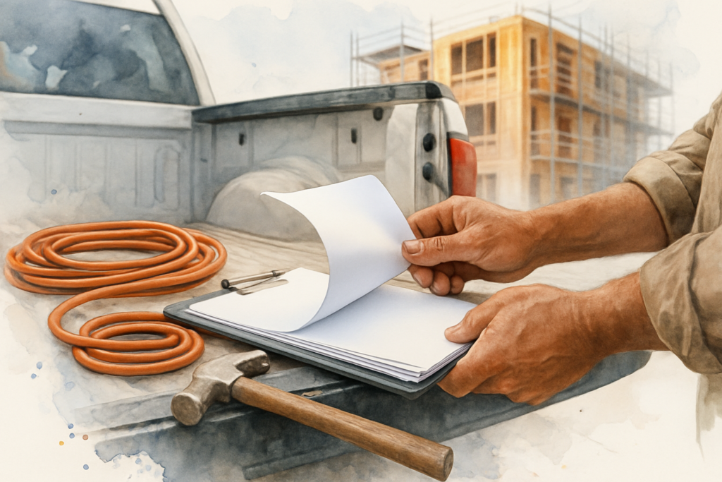 Contractor reviewing blank contract paperwork on a truck tailgate at a framed apartment job site