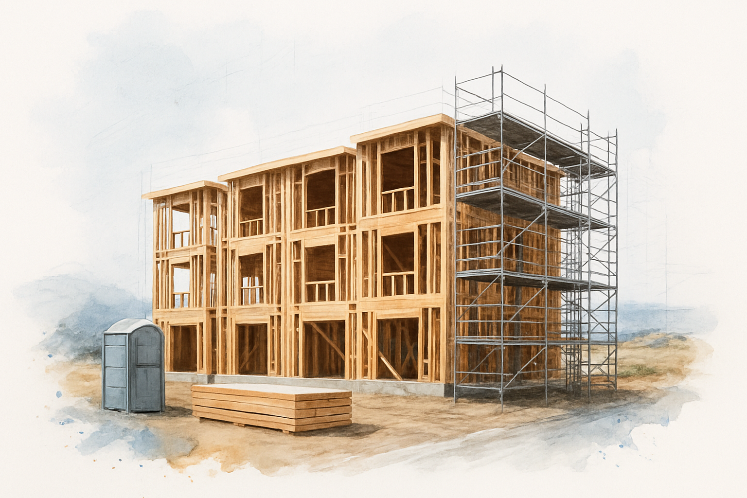 Four-unit apartment building under wood frame construction with scaffolding and coastal hills behind it