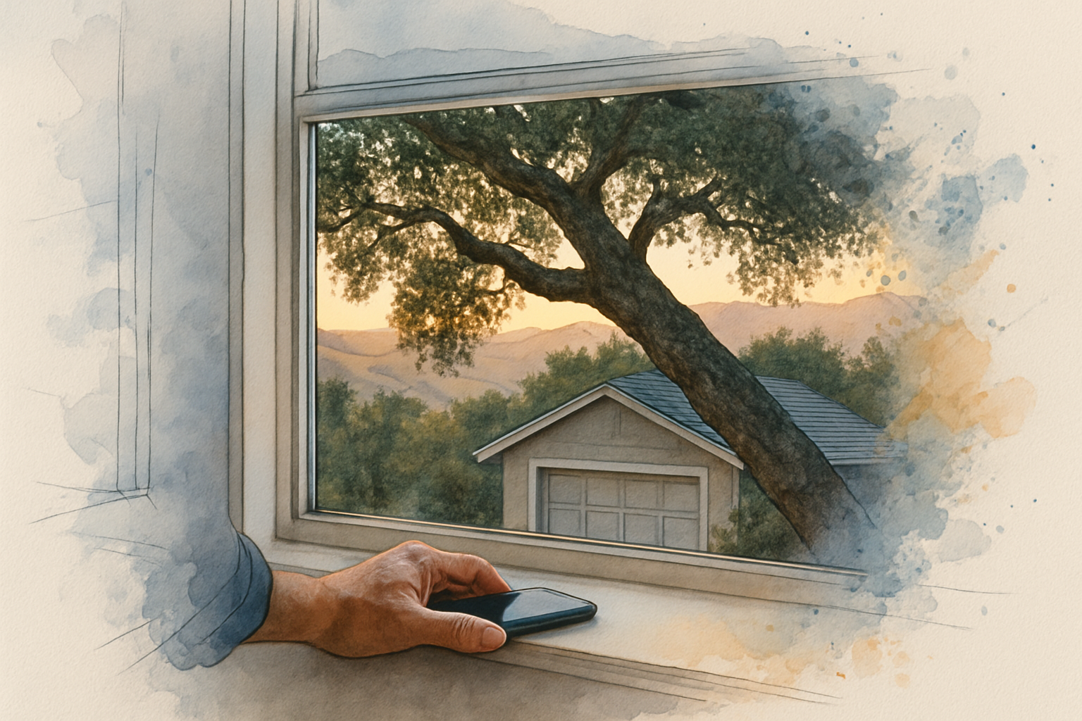 Homeowner at a Carmel Valley window looking out at a heavy oak limb leaning over a garage roofline at dusk