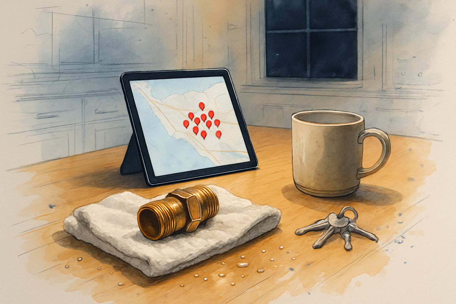 Cracked pipe fitting wrapped in a towel on a kitchen table at night beside a tablet showing map pins