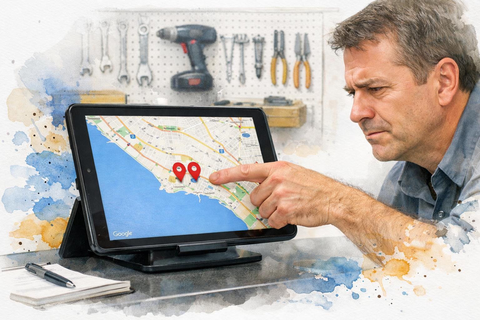 Business owner pointing at two duplicate map pins on a tablet screen in a trade shop