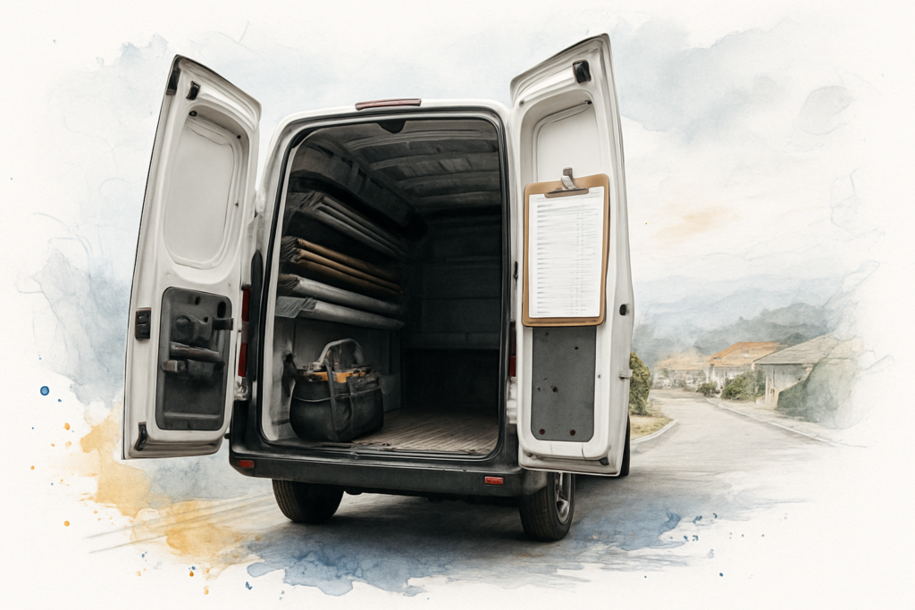 Open contractor van doors in a foggy Central Coast driveway with a job clipboard hanging inside