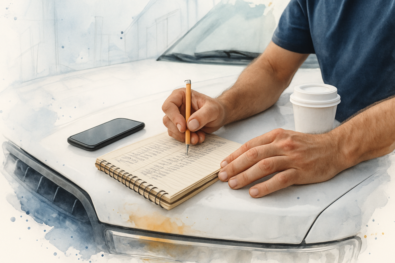Contractor writing lead and booking numbers in a notebook on a truck hood before a platform change