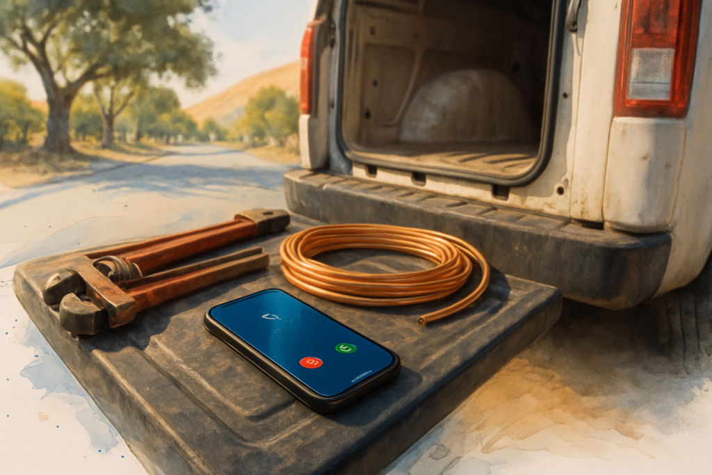 Unanswered phone glowing on the tailgate of a plumber's service van with no one nearby