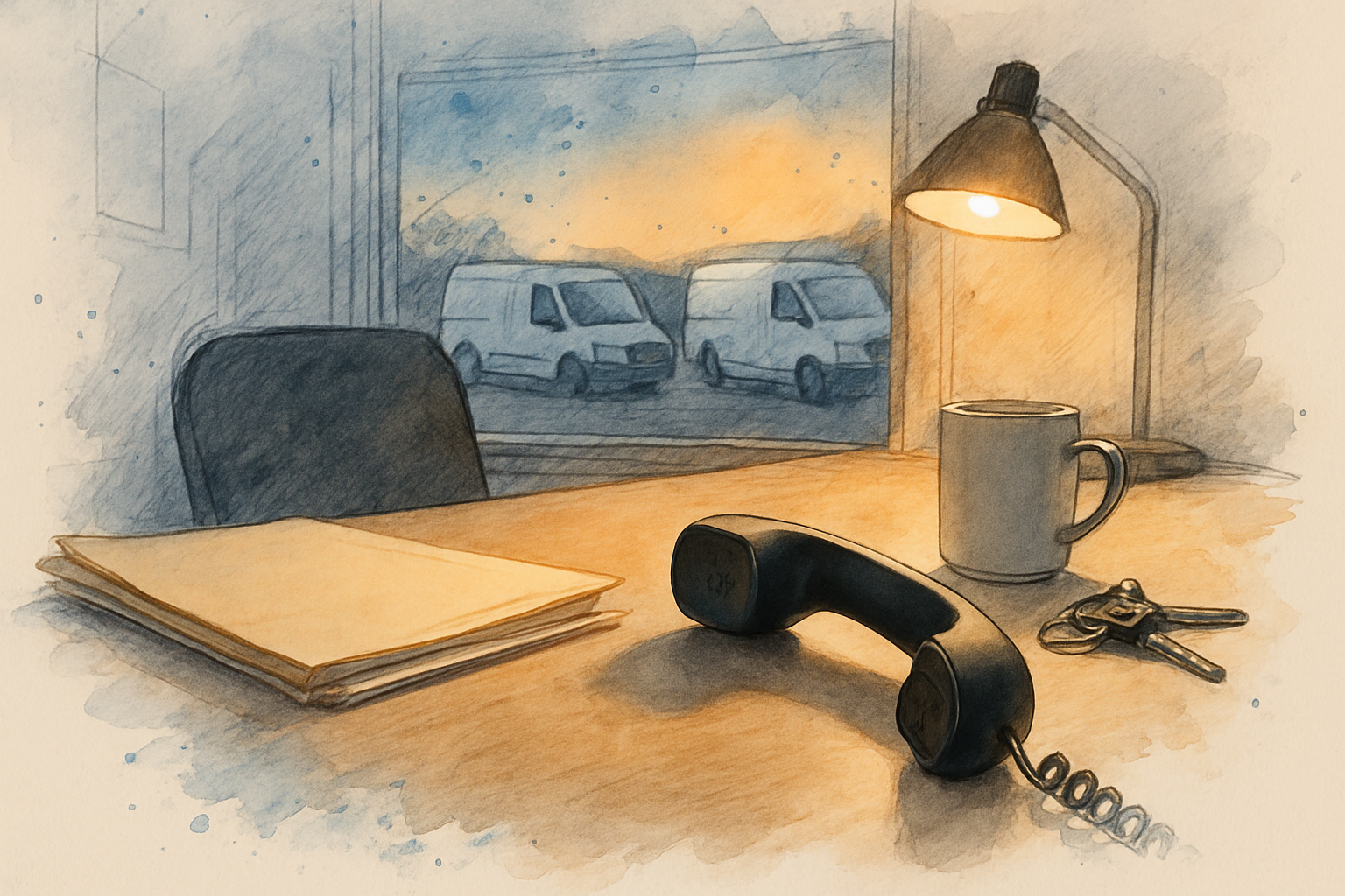 Empty contractor office at dusk with the office phone handset off the cradle and vans parked outside