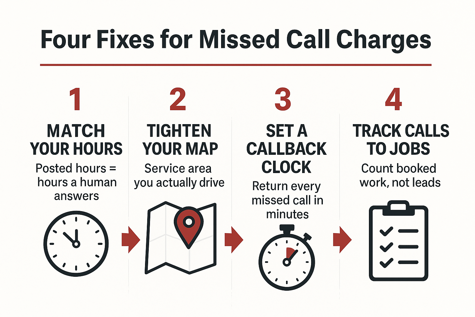 Infographic showing four steps to reduce local services ads missed call charges for contractors