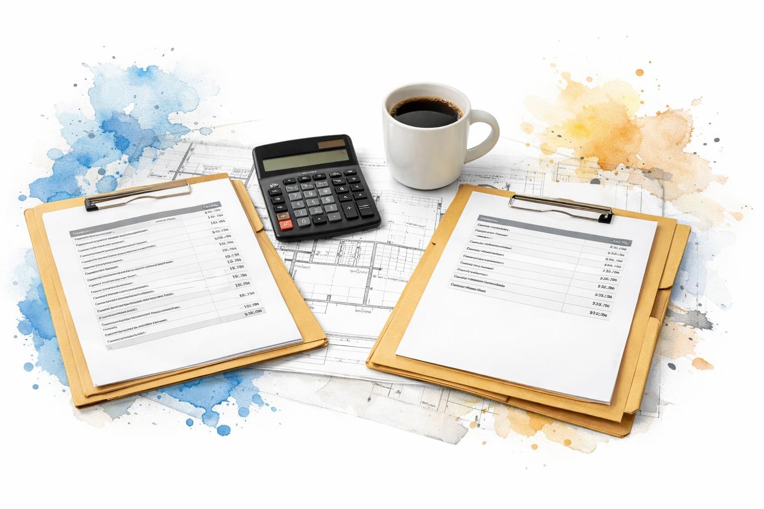 Two open proposal folders with different-length line-item lists on a foreman's table beside a calculator and coffee cup