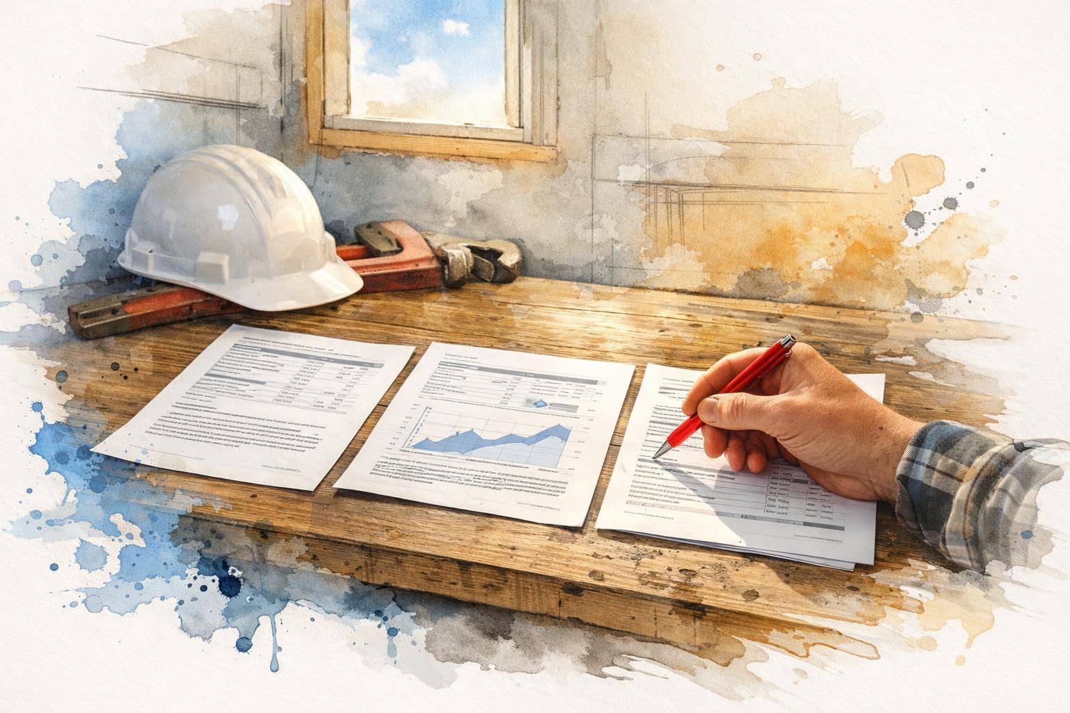 Contractor's desk with three printed SEO proposals spread side by side, red pen in hand, hard hat and pipe wrench nearby