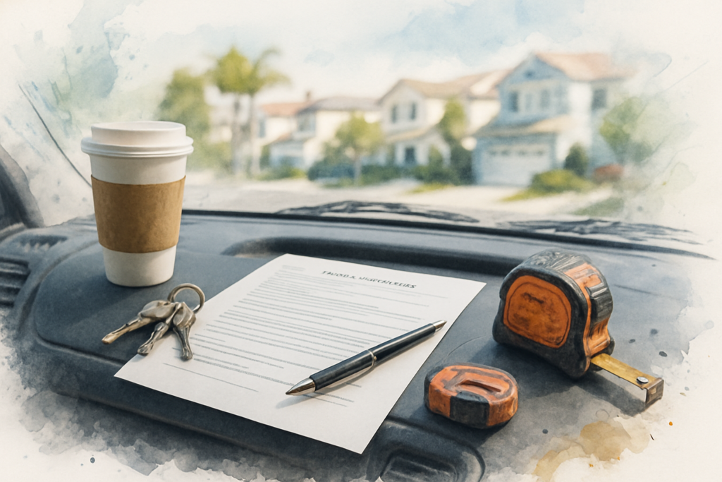 Contractor service agreement and keys on a work truck dashboard with a coastal neighborhood outside the windshield