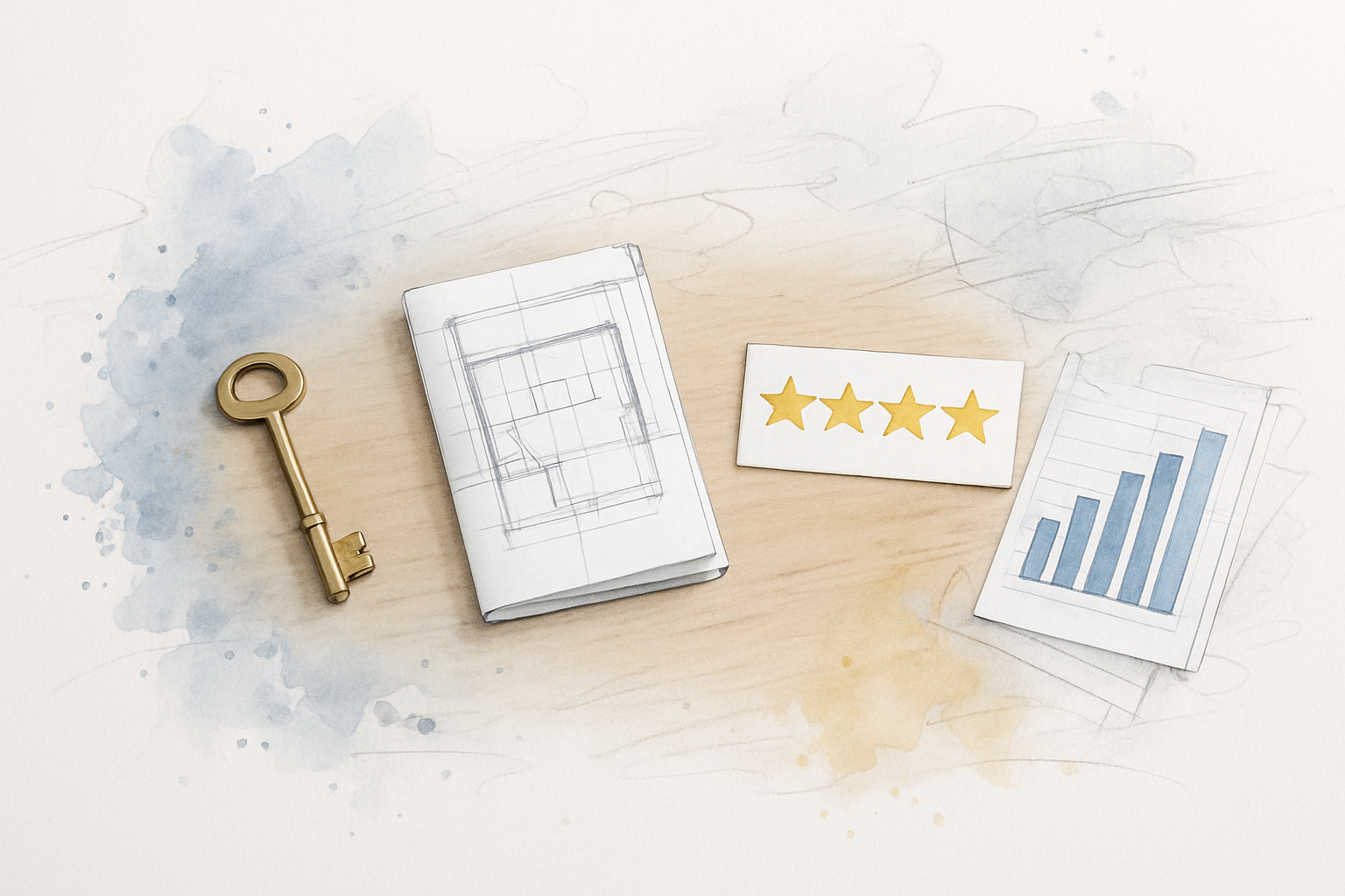 Four separate objects on a desk representing domain, website, reviews, and ad account ownership