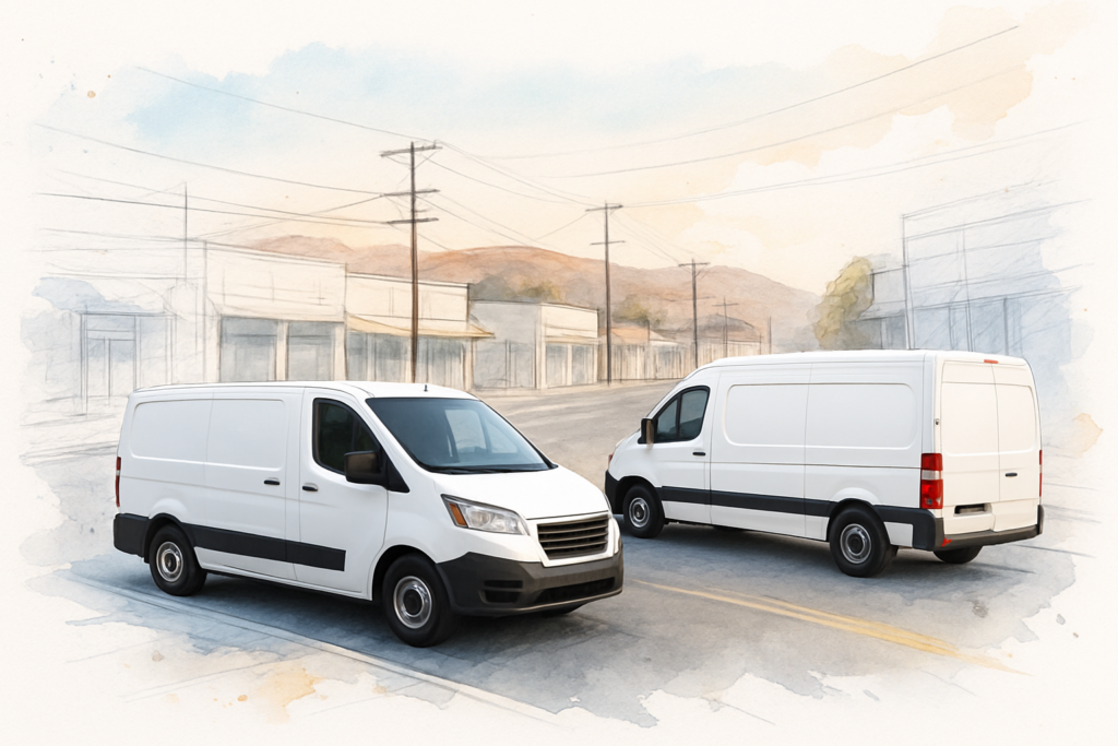 Two unmarked contractor vans parked across the street from each other in a small Central Coast town at dusk