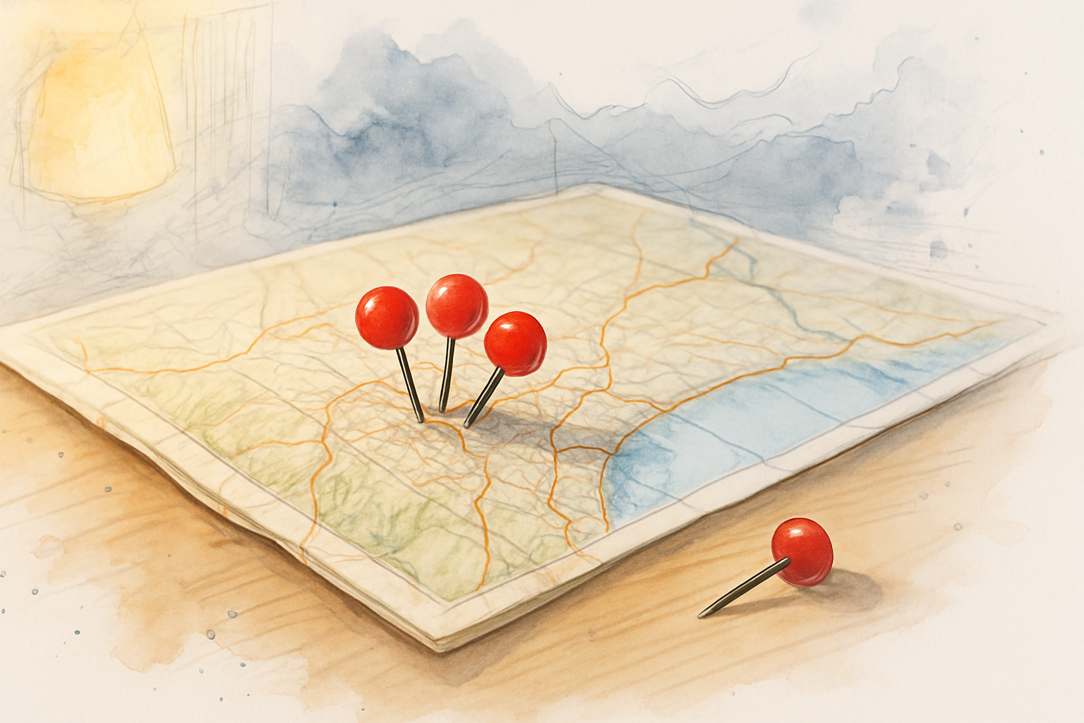 Three red pins crowded into one spot on a paper map with a fourth pin left lying beside it