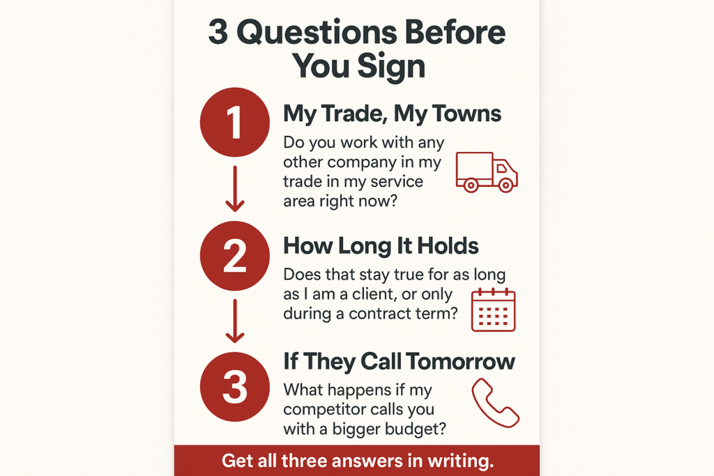 Infographic listing three questions to ask a marketing agency about competitor exclusivity before signing