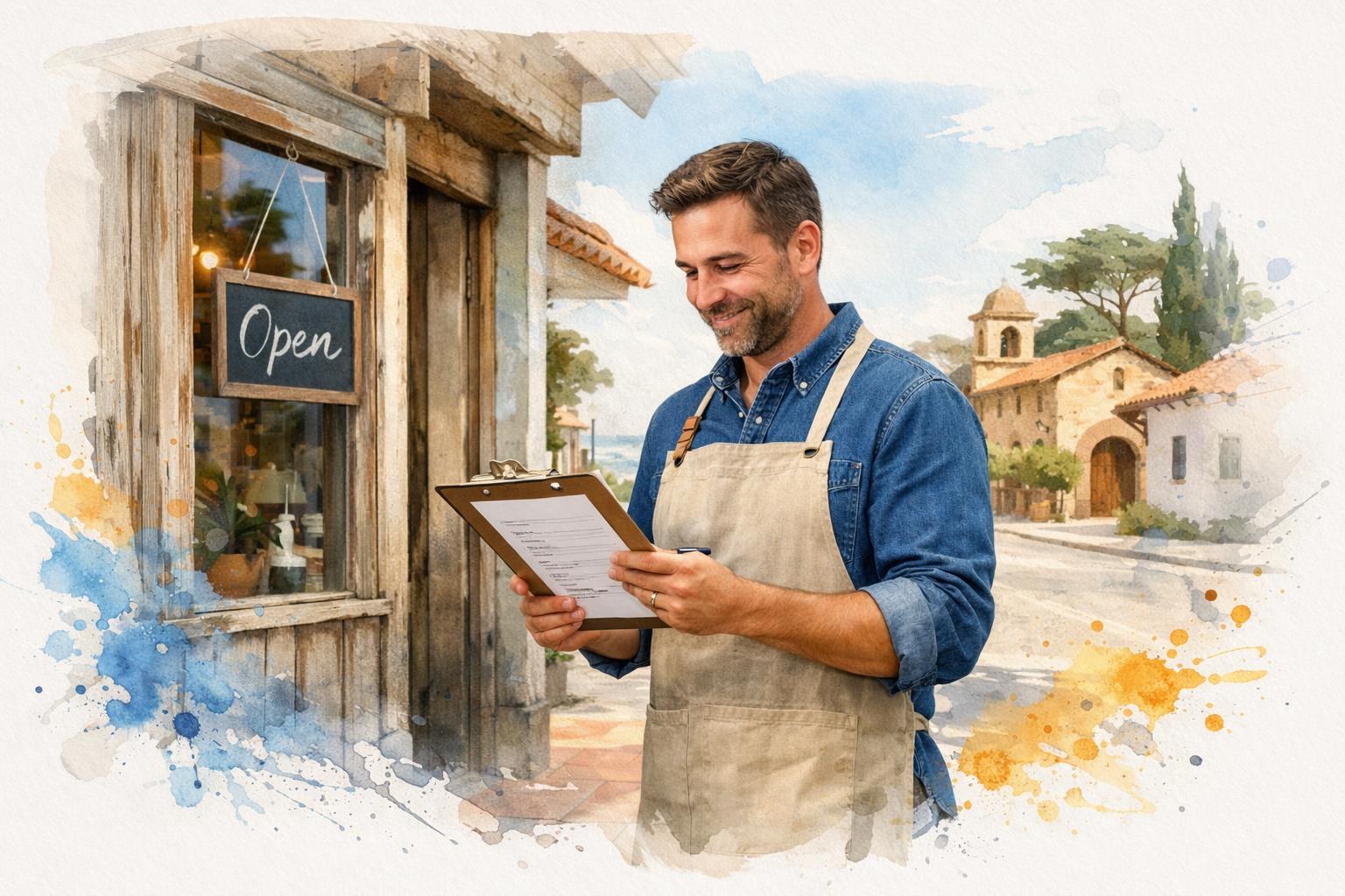 Small business owner on a Monterey street reviewing a printed agency comparison list outside their shop
