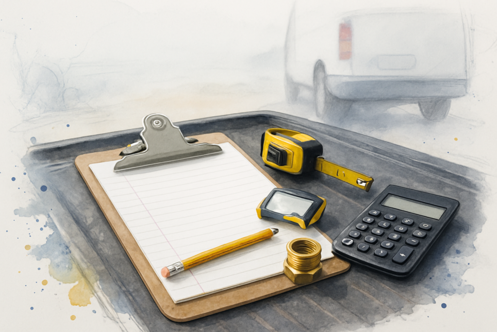Clipboard, calculator, tape measure and brass fitting on a work truck tailgate, standing in for contractor pricing decisions