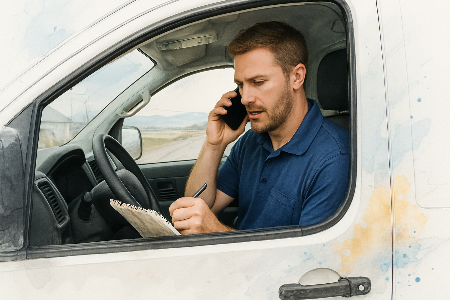 Contractor taking a call in his truck cab while writing notes on a spiral pad outside a Monterey County home