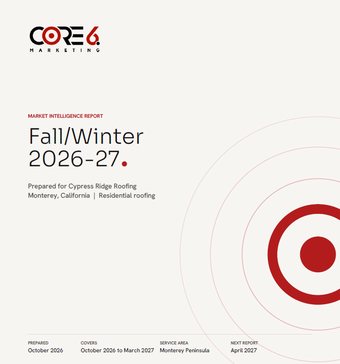 Cover of a sample Core6 market intelligence report, Fall/Winter 2026-27, for a residential roofing company