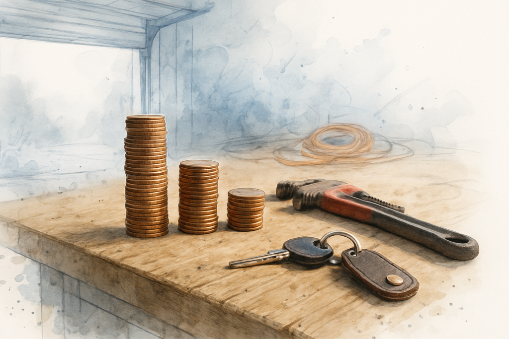 Three unequal coin stacks on a contractor's workbench beside a pipe wrench and truck keys
