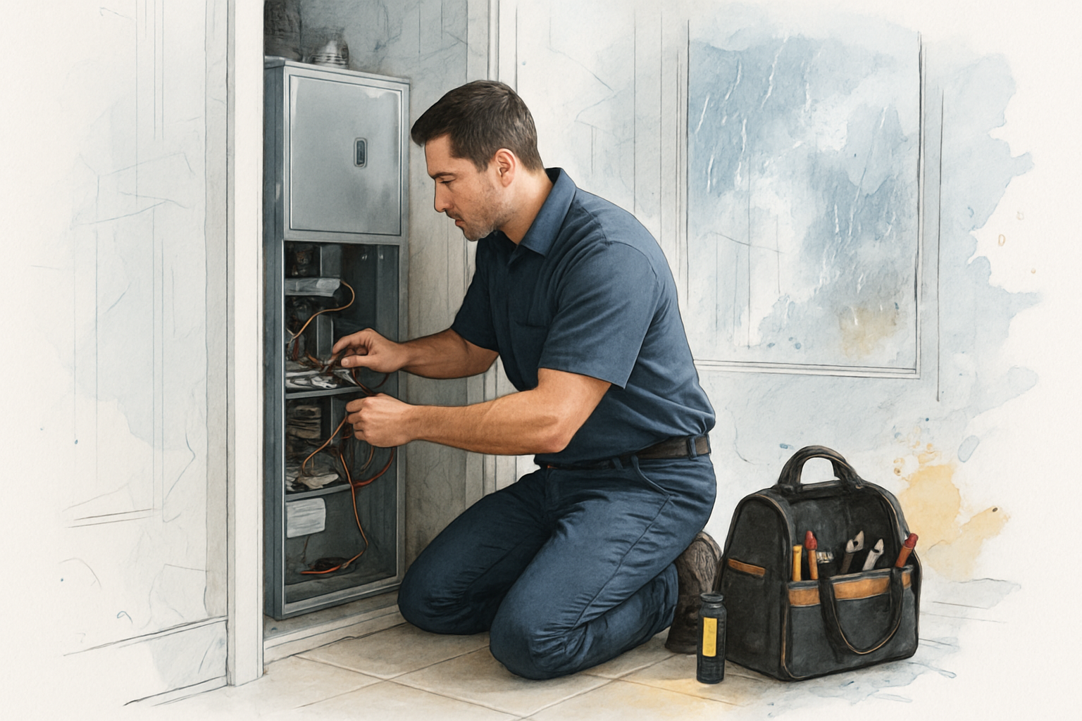 HVAC technician repairing a gas furnace in a hallway closet during a rainy winter service call